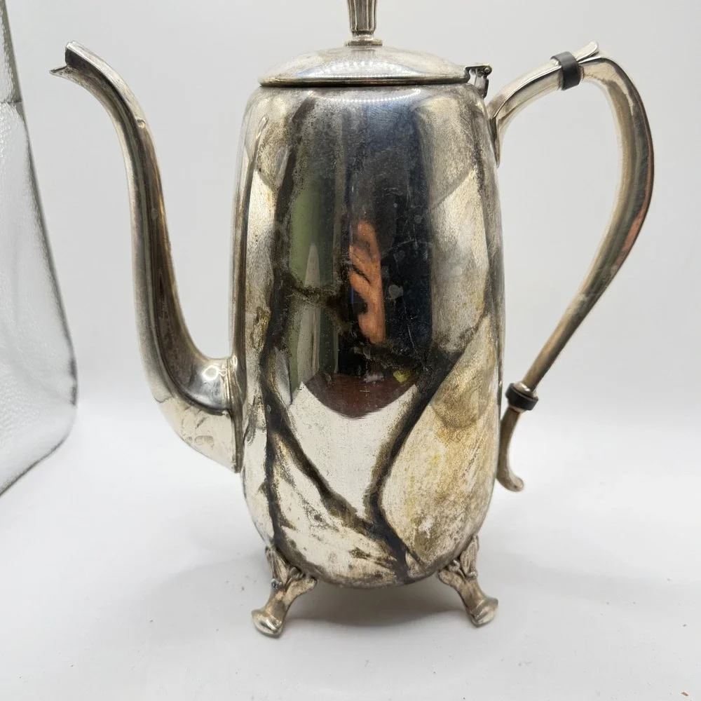 Vintage Silver Plated Coffee Pot‎ Footed Tea Pot Ornate Hinged Lid Tarnished